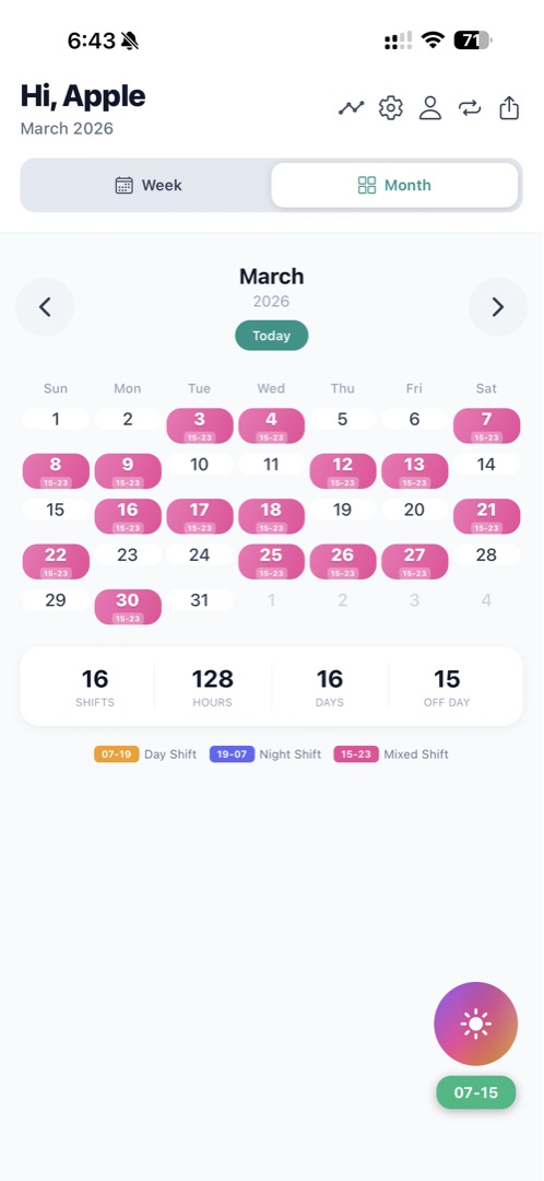 CareShiftER month calendar view