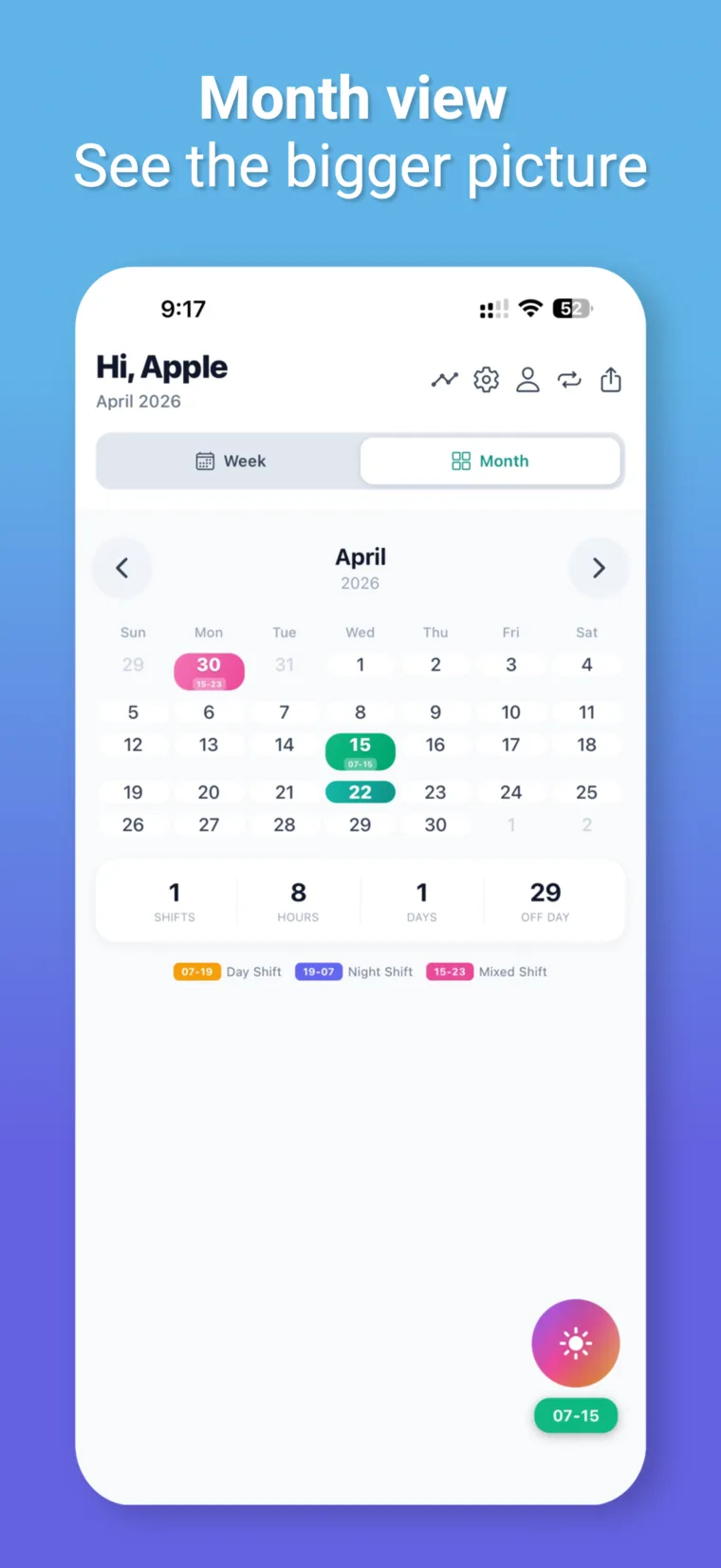 CareShiftER month calendar view