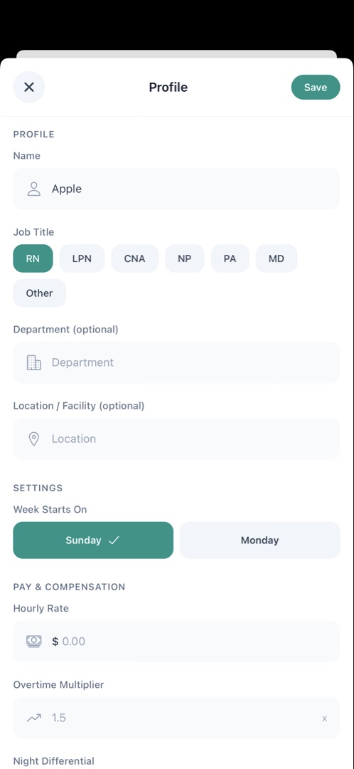 Profile settings showing name, job title, and department