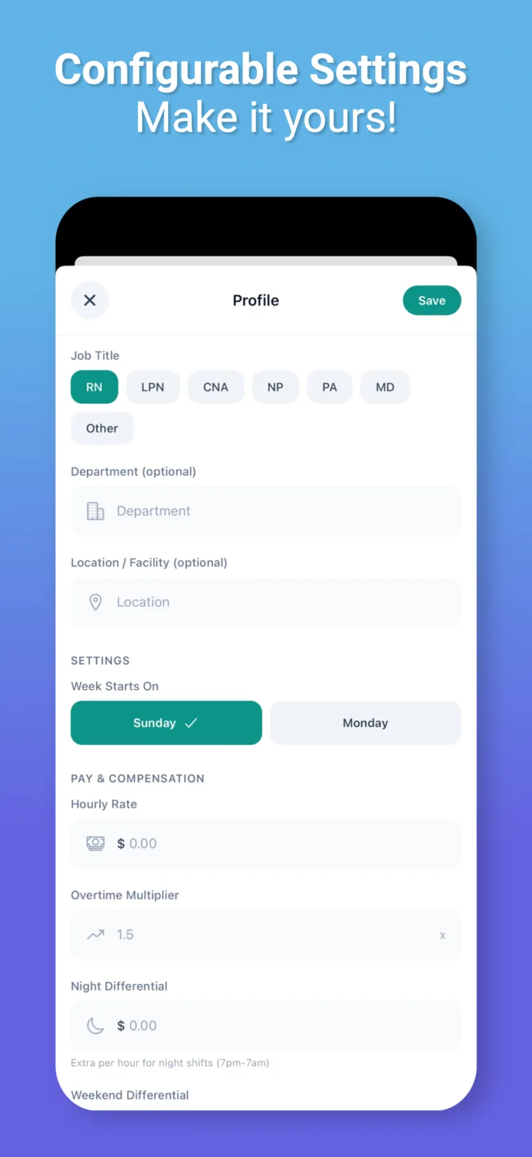 Profile settings showing name, job title, and department