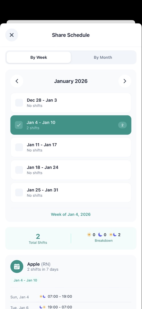 Share schedule modal for weekly or monthly view