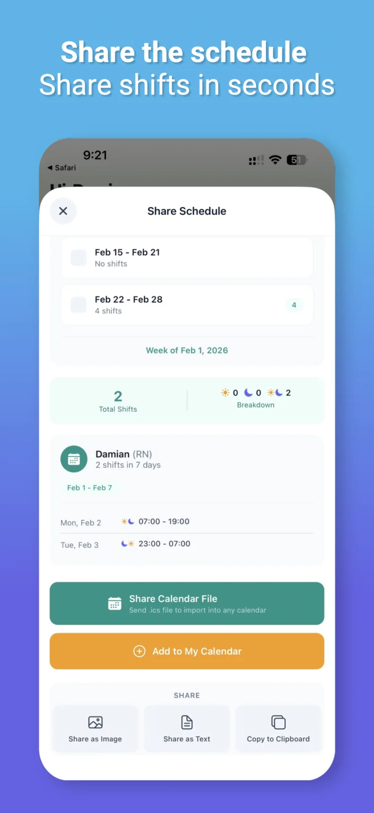 Share schedule modal for weekly or monthly view