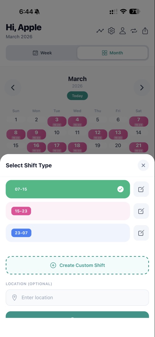 Shift type selector with day, evening, and night presets