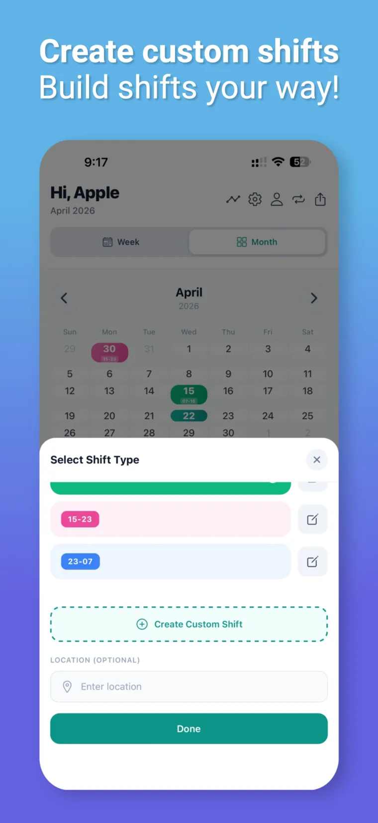 Shift type selector with day, evening, and night presets