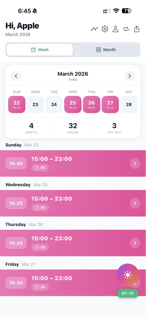 CareShiftER week calendar view