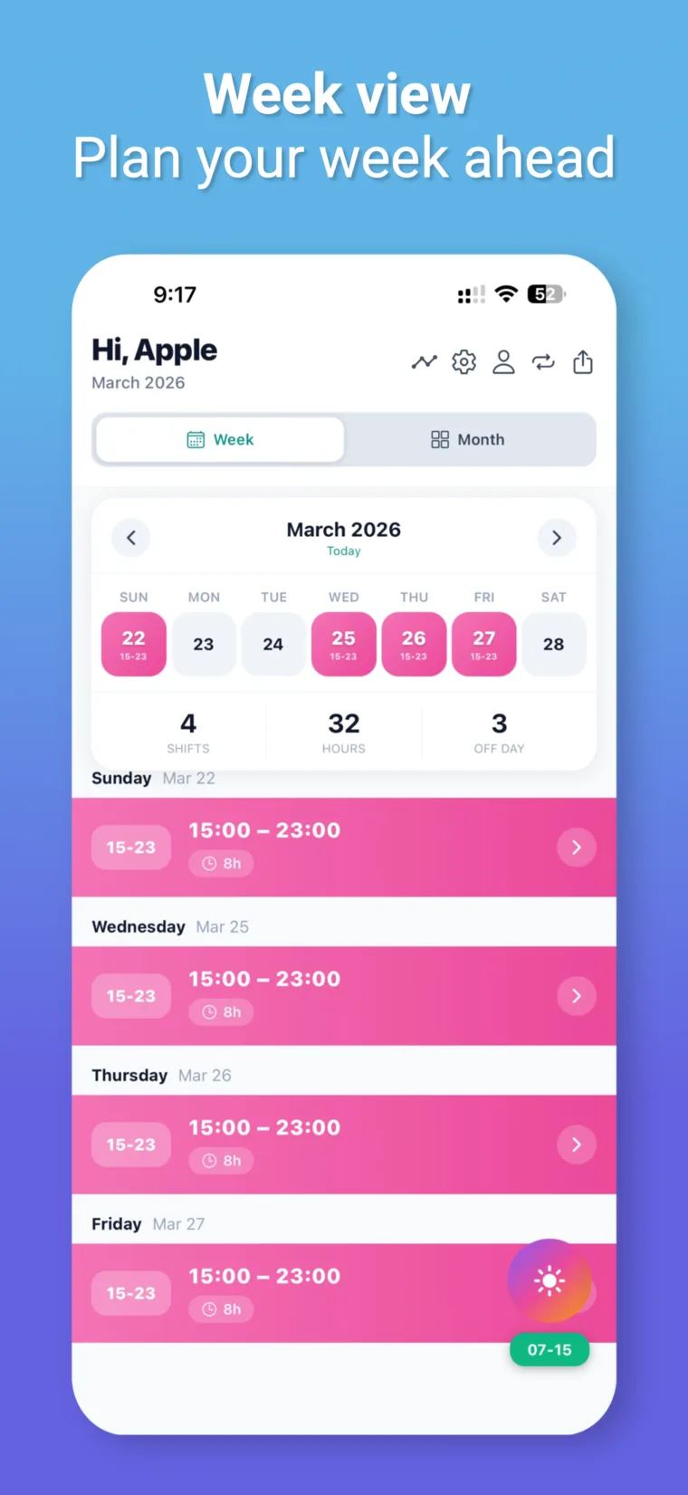 CareShiftER week calendar view