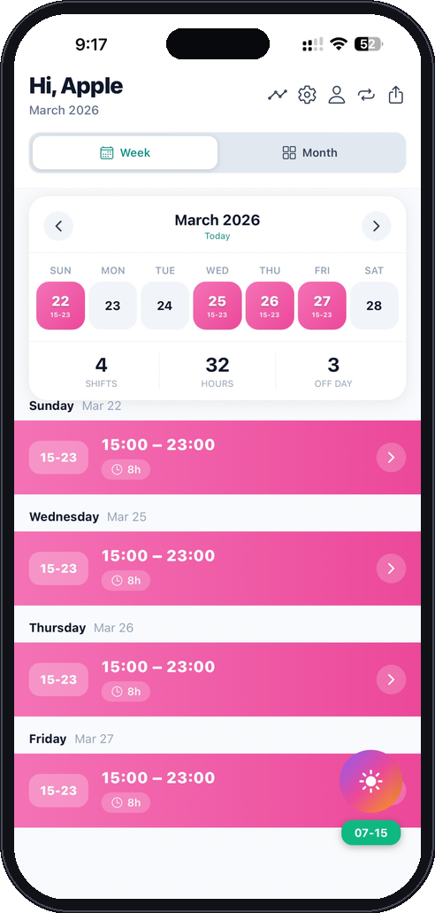 CareShiftER week view of shifts