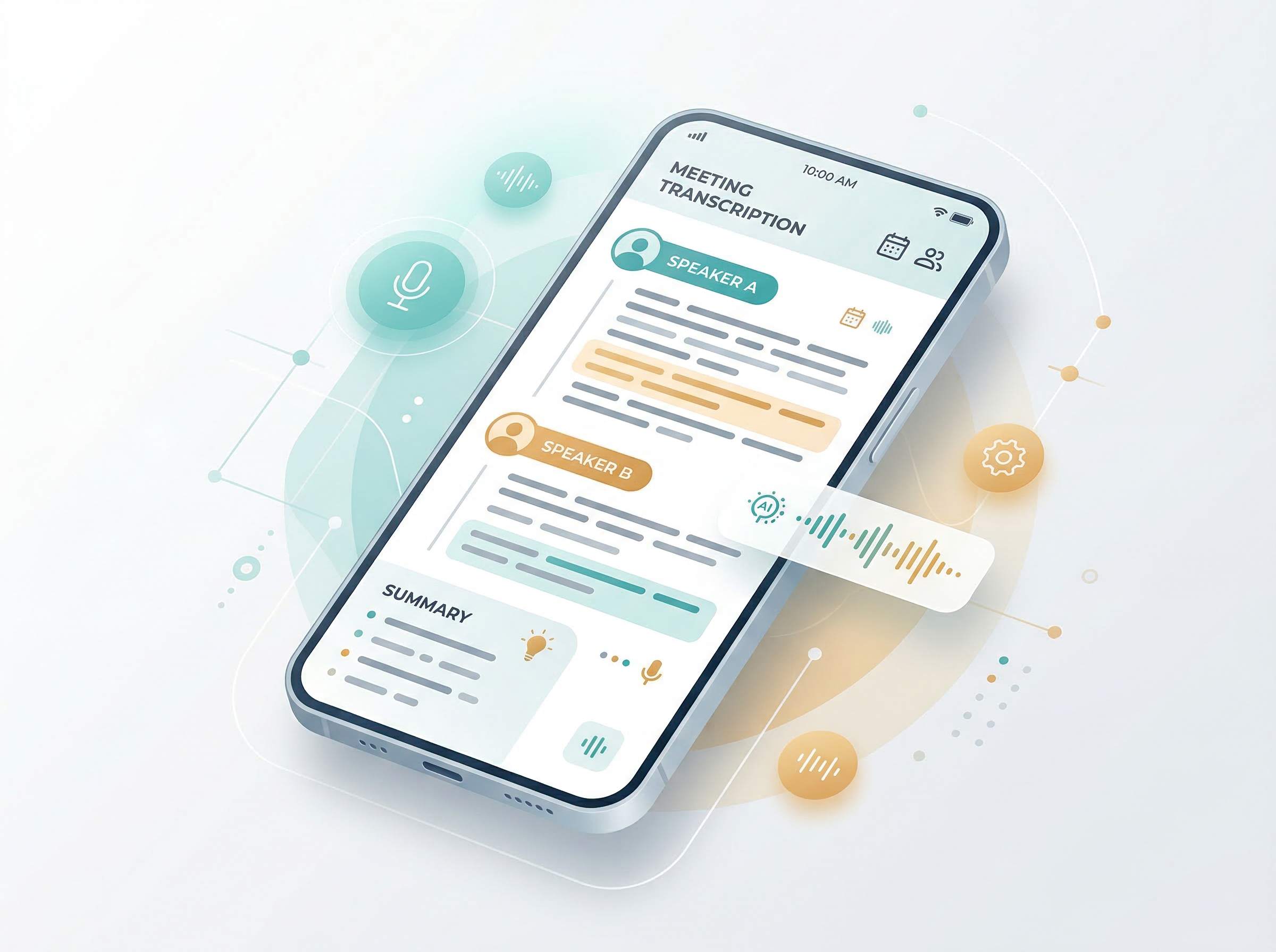 MeetingMark app showing meeting transcription with speaker labels and AI summary