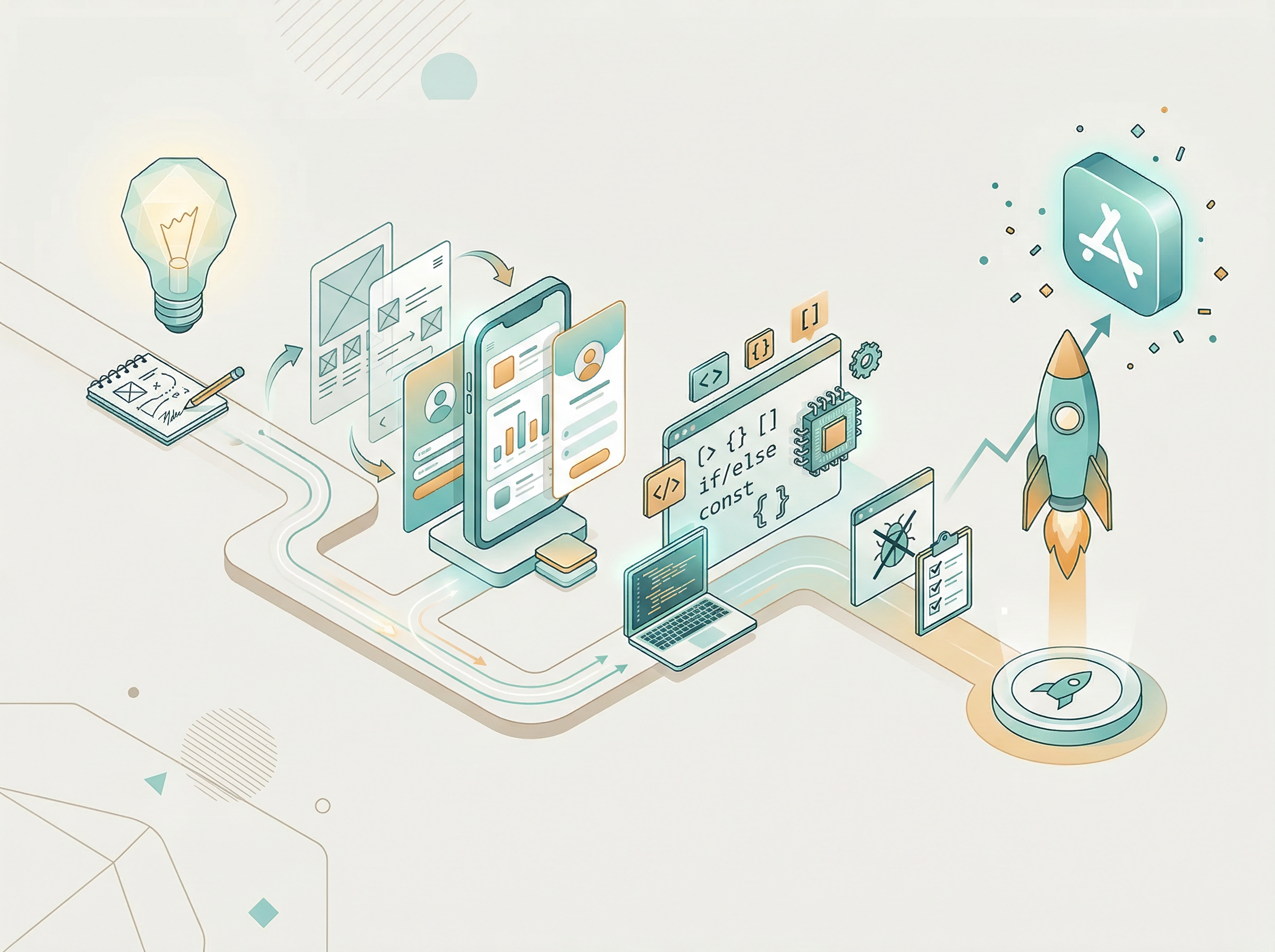 Illustration of Lucentix Labs app development process from idea to launch